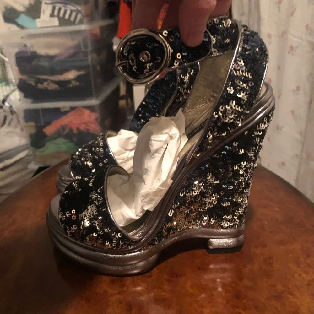 Dolce & Gabbana Blue/Silver Sequin Wedges 39.5